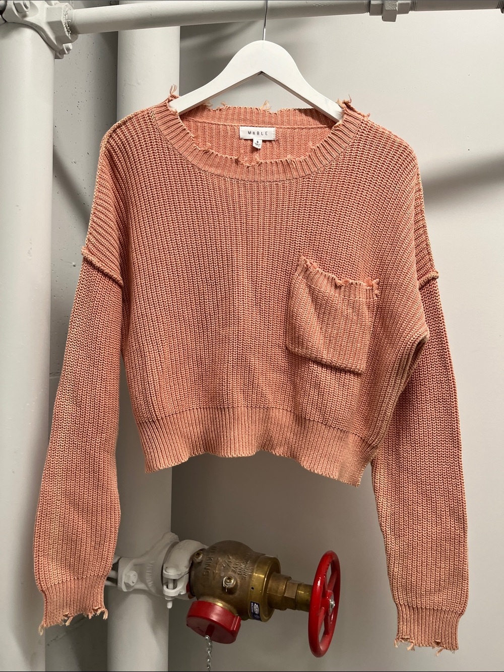 MABLE Cropped Distressed Pocket Sweater - Dusty Peach